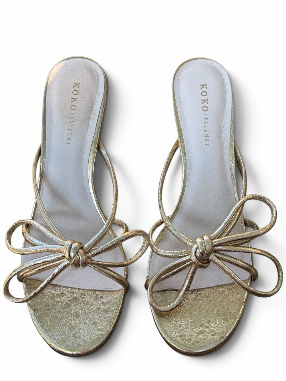 NWOT! KOKO + Palenki Barely Gold Leather String Bow Slide Heeled Sandals